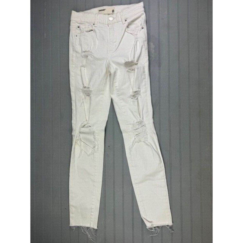 Garage Size 0 Womens Jeans Skinny White Distress Raw Hem Mid Rise Stretch